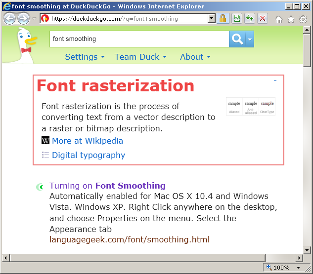 A screenshot of Internet Explorer 9 with its default font rendering